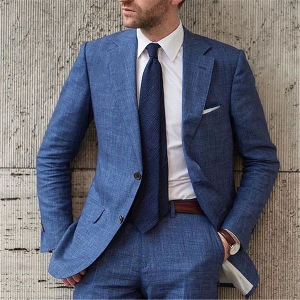 Yeni Varış Tasarım Mavi Yaz Plaj Keten Erkekler Suit Slim Fit 2 Parça Smokin Özel Blazer Damat Erkek Takım Elbise Ceket + Pantolon 201106