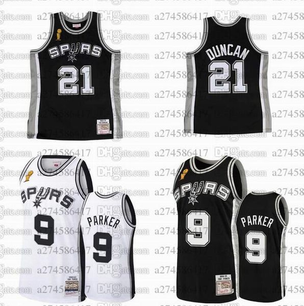 

men youth basketball san antonio spurs 21 duncan 20 ginobili 9 parker 2002-03 hardwoods classics retro jersey, Black;red