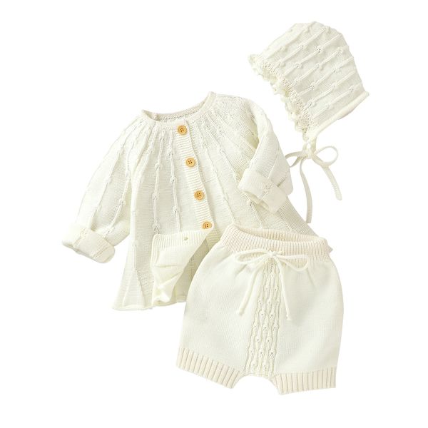 

cute 3pcs toddler baby girls spring autumn knitted solid color button up cardigan sweater + short pants + hat set 1021, White