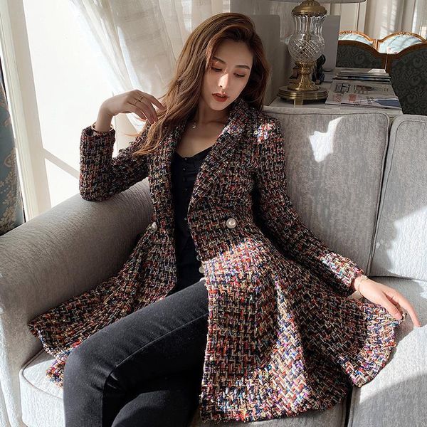

jsxdhk british style winter women blends wool overcoat fashion turn down collar pearl button tweed plaid thick warm outerwearx1016, Black;brown