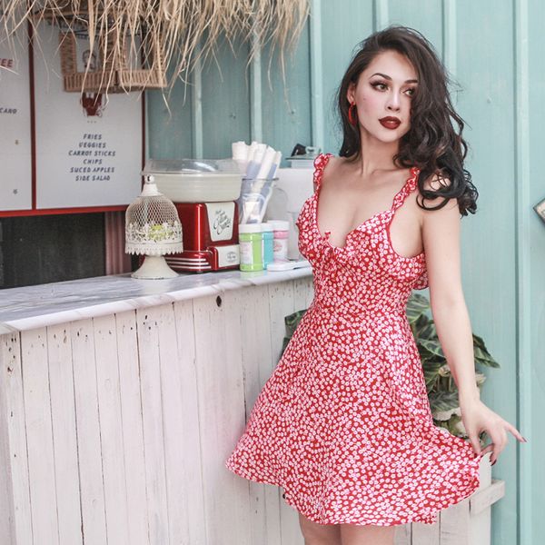 

2021 new summer vintage sweet ruffles chiffon high ascended fine flower type printed lower court dressed in rescued tissue ron4, Black;gray