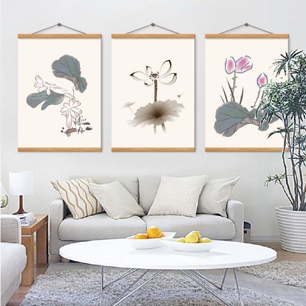 

paintings simple retro style print canvas painting watercolor lotus flower poster living room home decoration wall art pictures 3 pieces1