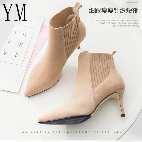 

boots 2021 women ankle short flock pointed toe 7cm thin heels winter booties woman wool elastic slip on women1, Black