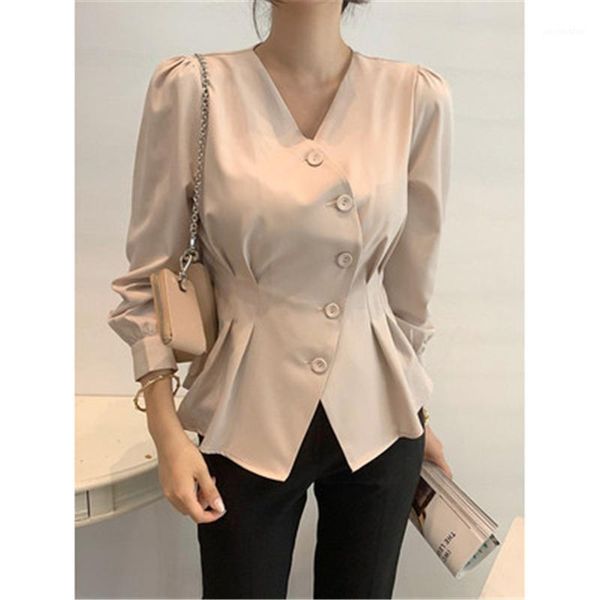 

women's elegance blouses fall intellectual v-neck single breasted slim waist puff sleeve shirts solid color female shirts, White