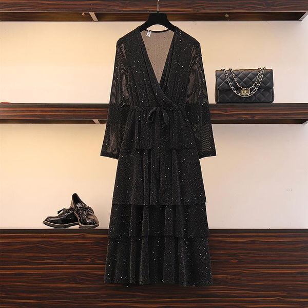 

4xl 5xl autumn long sleeve plus size dress woman elegant v-neck long party dress large size vintage dress ladies maxi vestidos, Black;gray
