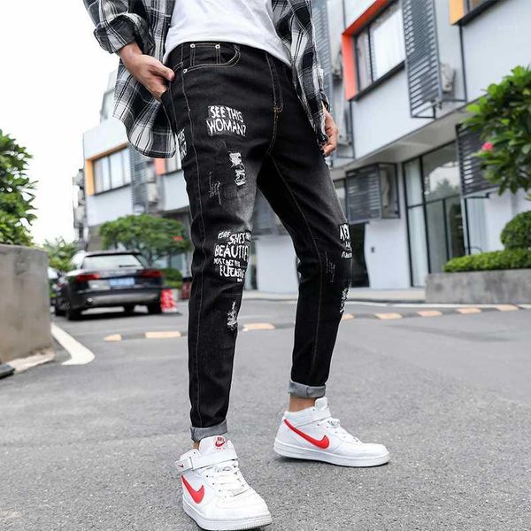 

summer slim fit jeans men for korean designer letter printed jeans slim homme distressed for men regular fit streetwear1, Blue
