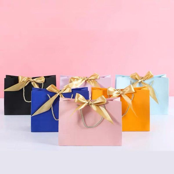 

10pcs large present paper wedding gift bag decorations candy clothing party favors diy with handle golden bow ribbons 8colors1