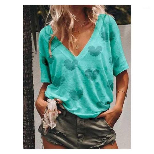 

women's female ladies leisure vacation casual holiday love printing loose short sleeved shirts v-neck t-shirts1, White