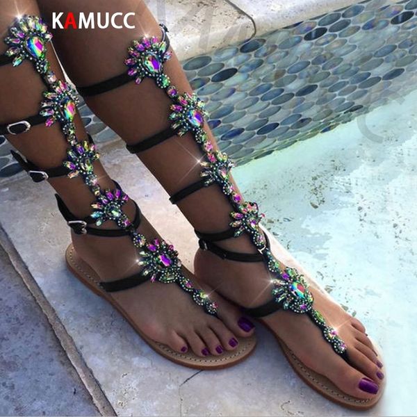 

summer flats sandal gladiator gold rhinestone knee high buckle strap woman boots crystal beach shoes plus size 43 t200529, Black