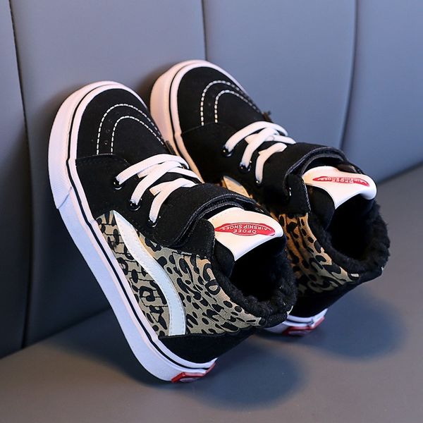 

velvet children's girls 2020 winter plus boys and high-shoes fashion leopard print snow cotton, Black