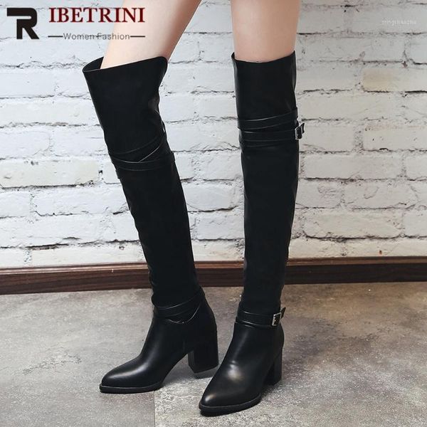 

boots ribetrini women shoes solid buckle non-slip knee high fashion chunky design spring autumn boots1, Black