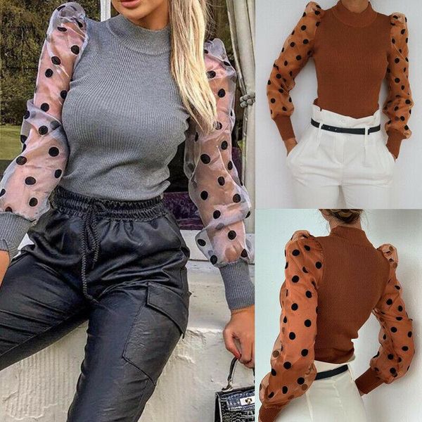 

women ladies puff mesh sleeve patchwork slim office ladies fashion pullover loose jumper, White