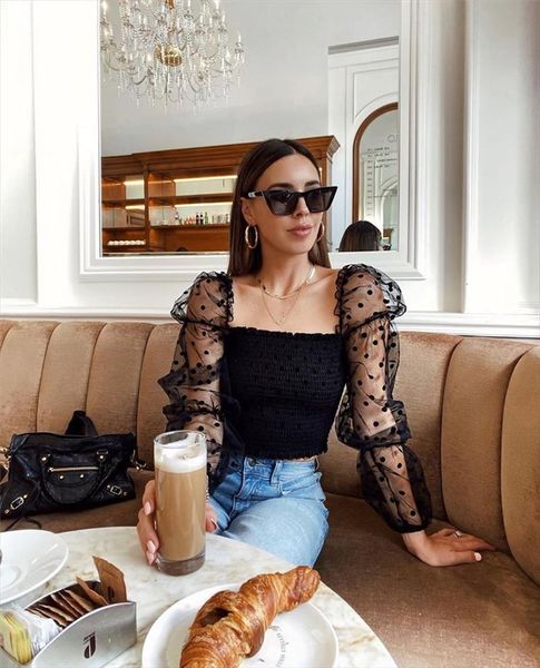 

women square collar blouse female summer lady dot mesh sheer puff ruffle long sleeve shirt white black casual ruched blouse
