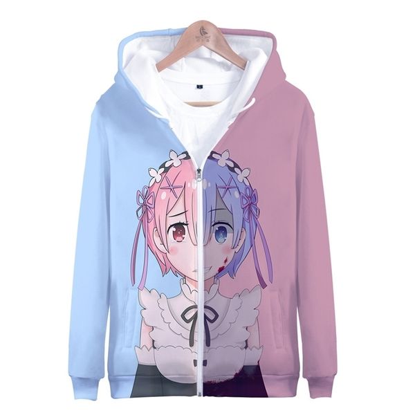 

re zero hoodie hooded jacket zipper coat sweatshirt for men women kid girl clothing clothes rem and ram japanese anime 201020, Black