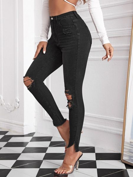 

ripped raw cut asymmetrical hem skinny jeans f3cu#, Blue