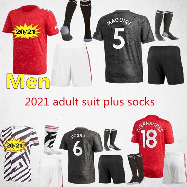 

man 20 21 utd soccer jersey adults full kits manchester 2020 2021 united rashford fernandes football jerseys kit, Black