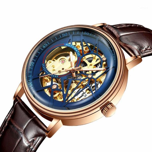 

wristwatches unique men mechanical watches gold brown genuine leather biden brand retro luxury male wristwatch waterproof hollow design cloc, Slivery;brown