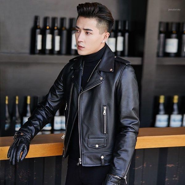 

2020 new men's autumn lapel multi-zipper punk style casual slim coat male motorcycle faux fur pu leather short jacket k1451, Black