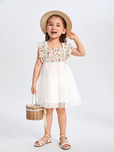 

toddler girls ruffle trim ditsy floral mesh dress she, Red;yellow