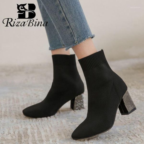 

boots rizabina women shoes ankle round toe thick high heel slip on stretch sock rhinestone footwear size 34-391, Black