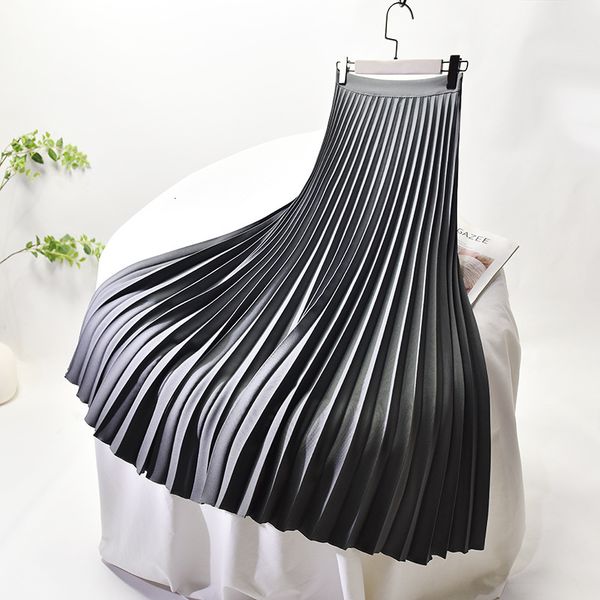 

2021 new women autumn a-line pleated saia stretch waist brand white long skirt jupe femme maxi skirts 13b5, Black