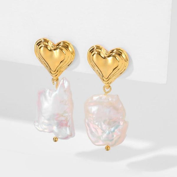 

luxury 24k real gold plated freshwater pearls stud earrings for women heart shape cooper earrings jewelry accessories, Golden;silver