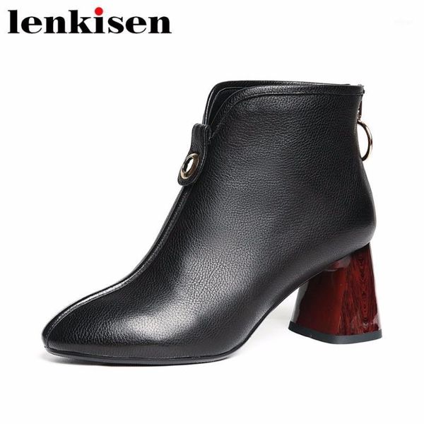 

lenkisen classic original design zip square toe strange high heels genuine leather mixed colors graceful women ankle boots l011, Black