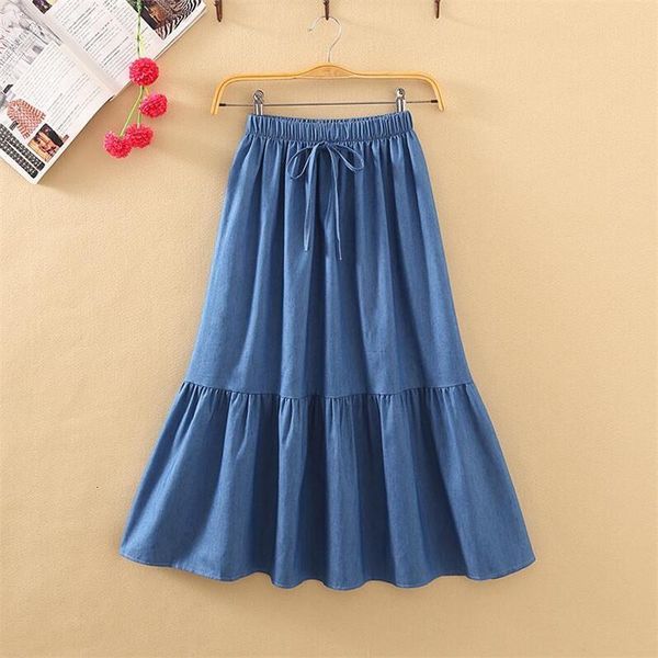 

fashion women long denim skirt summer 2020 femme casual loose high waisted pleated maxi jean skirt feminina 5xl7xl navy blue, Black