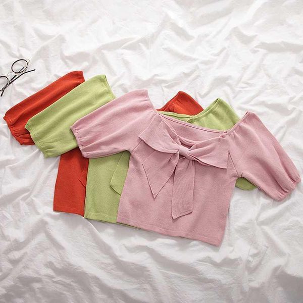 

heliar off shoulder t-shirts women bowknot crop t-shirts cotton ladies fashion solid short sleeve women1, White