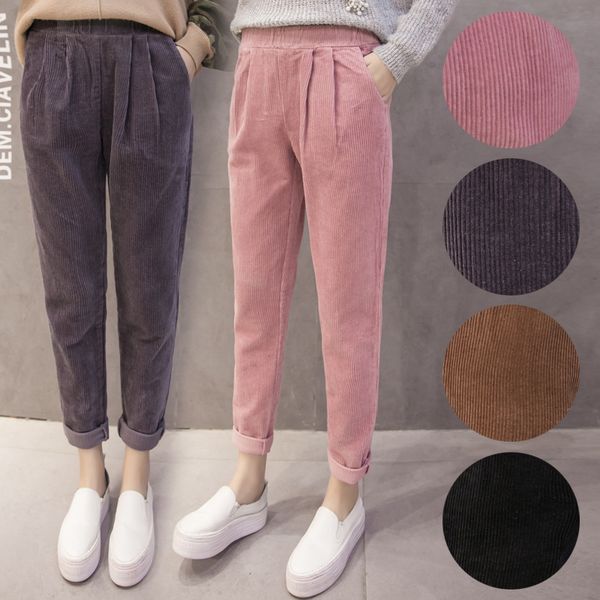 

women korean pink harem elastic waist autumn winter corduroy casual black trousers plus size pants s- lj201130, Black;white