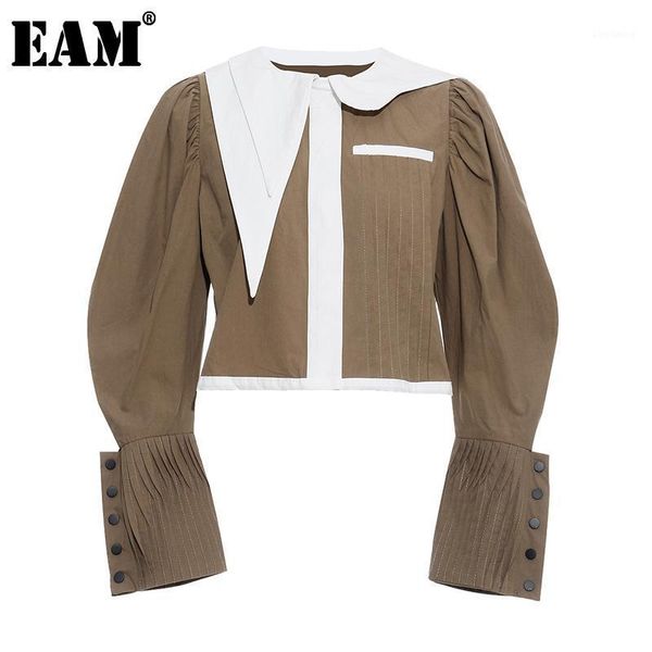 

eam]contrast color lantern sleeve jacket new lapel long sleeve pleated women coat fashion tide spring autumn 2021 jy8511, Black;brown