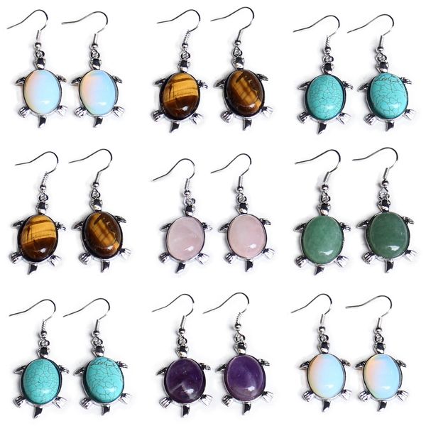 

natural stone turtle shape lovely dangle earrings tortoise shaped reiki women earring amethyst rose quartz opal healing crystal jewelry gift, Silver