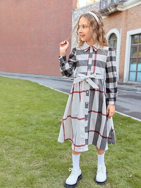 

girls button front plaid graphic belted shirt dress she, Red;yellow