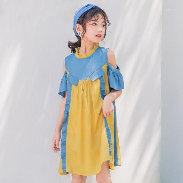 

girl's dresses summer dress girls 2021 off-the-shoulder color matching princess ruffled korean children's1, Red;yellow