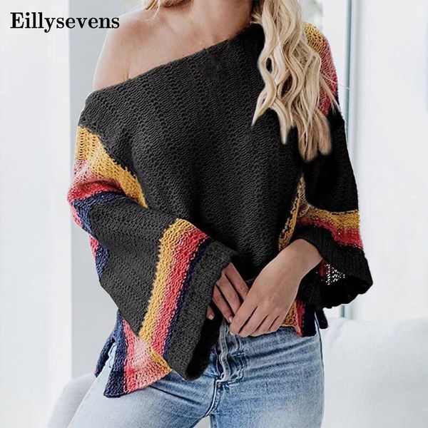 

womens rainbow printed pullovers striped sweater stretch long sleeve pullover knitted female 2020 harajuku sweater#3, White;black