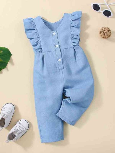 

baby ruffle trim button front jumpsuit she, Blue