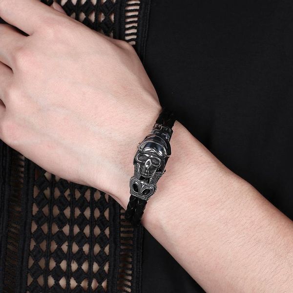 

мужская мода ювелирные изделия новый черный двухслойный кожаный браслет из нержавеющей стали череп скелет панк charm подарков браслет ps1019, Golden;silver