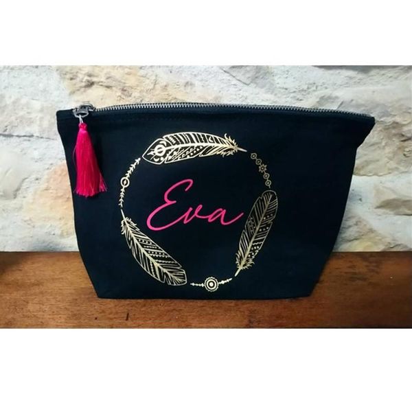 

gift wrap personalised navy makeup bag with feather name bachelorette favor bags tassel make up marriage bridesmaid toiletry