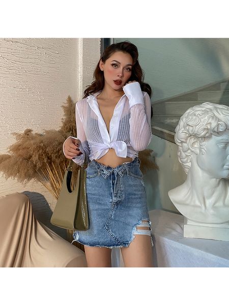 

2021 new whole transparent striped game show thin black white soft female shirts elastic long sleeve of women and 0dou