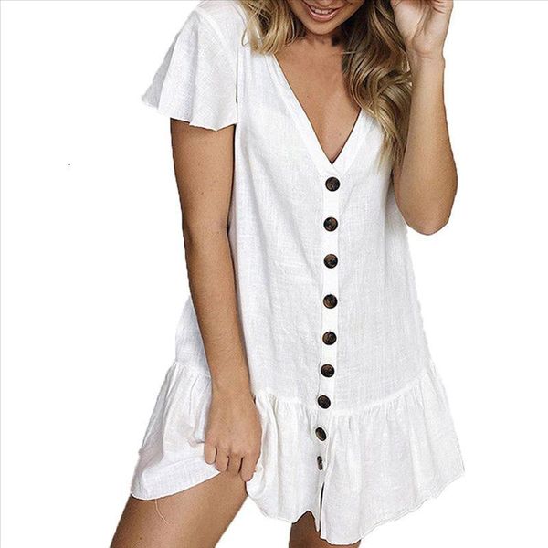 

clothes women v-neck dress flare sleeve button sundress maxi boho casual mini dress drop shipping good quality, Black;gray