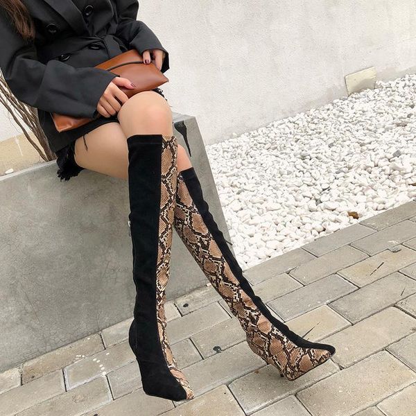 

sondr fashion snakeskin knee high boots women pointed toe thin high heels patchwork zipper elastic botas lady vogue boots 20201, Black