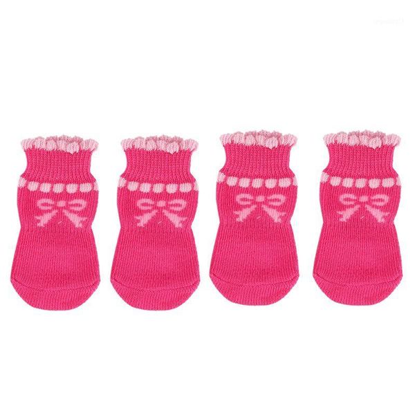 

pet puppy dog bowknot cotton socks anti-slip protectors 4pcs/set m pink1
