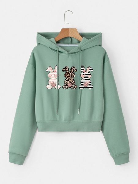 

leopard & rabbit print drop shoulder drawstring thermal hoodie 18v2#, White;black