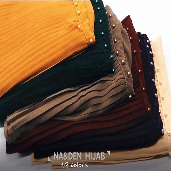 

scarves fashion pearls chiffon wrinkle scarf hijab one side pleated plain maxi women shawl muslim sjaal echarpe wraps muffler 20pcs, Blue;gray