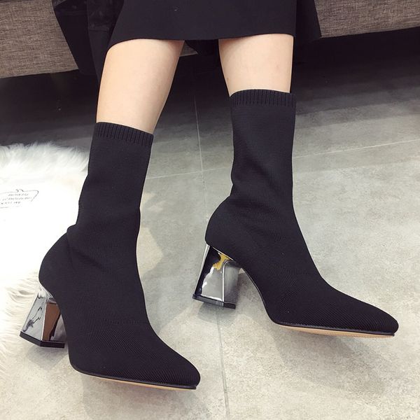

women boots pointed toe winter sock ladies booties thick heels shoes for woman fashion mid-calf elegant female dress boot, Black