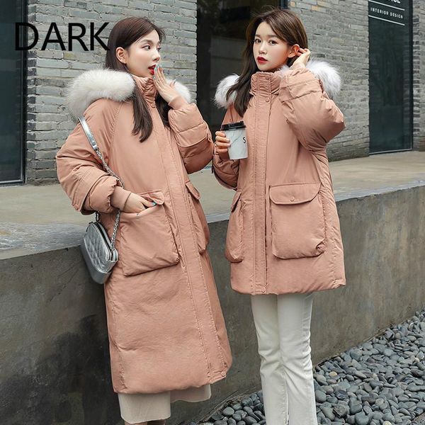 

women's down & parkas [dark] 2021 korean version of cotton-padded jacket large fur collar long over-the-knee cotton bread, Black