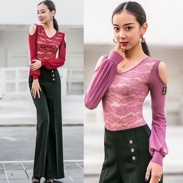 

fashion latin dance female long-sleeved shirt v-neck for women ballroom salsa performance dancing wear dwy27541, Black;red