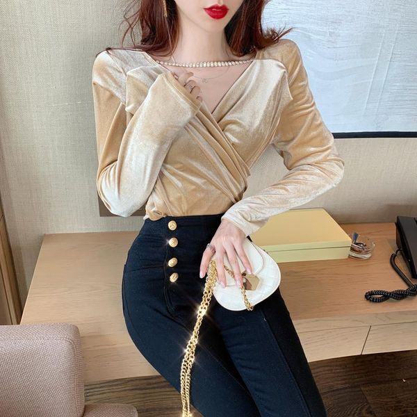 

women's t-shirt stylish black gold velvet bottoms autumn/winter air inside the v-neck body careful machine long-sleeved top, White