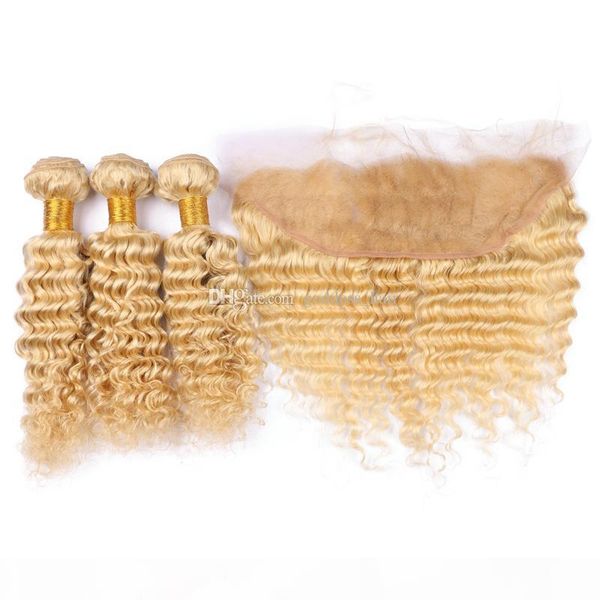 

blench blonde deep wave hair weaves 3 bundles with lace forntal blonde 613 deep curly hair with ear to ear frontal, Black