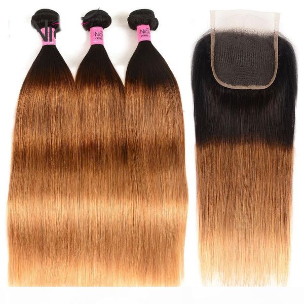 

3 bundles straight hair with closure 100 ombre virgin human hair tkwig hair, Black;brown